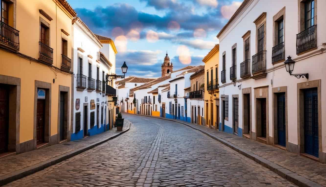 Una encantadora calle en Córdoba, España, bordeada de edificios coloridos y calles de adoquines, con un toque de magia en el aire