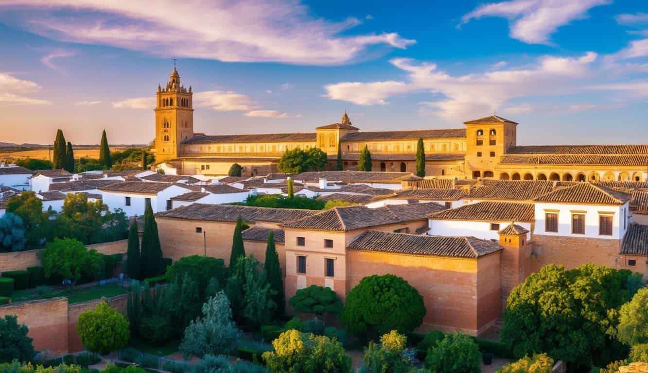 Una vista escénica de la arquitectura española tradicional en Córdoba, España, con colores vibrantes y vegetación exuberante.