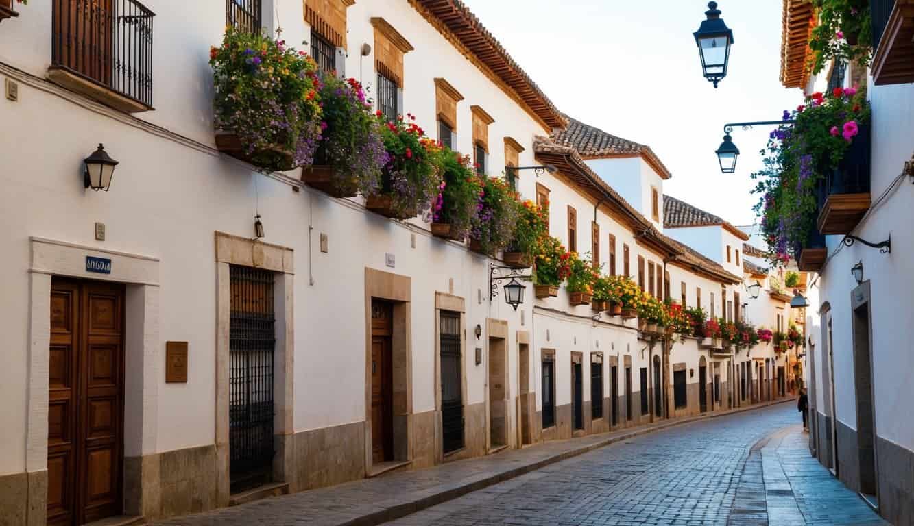 Una pintoresca calle en Córdoba, España, flanqueada por casas de estilo español tradicional y balcones coloridos llenos de flores. La cálida luz del sol baña la escena, creando una atmósfera encantadora y acogedora.