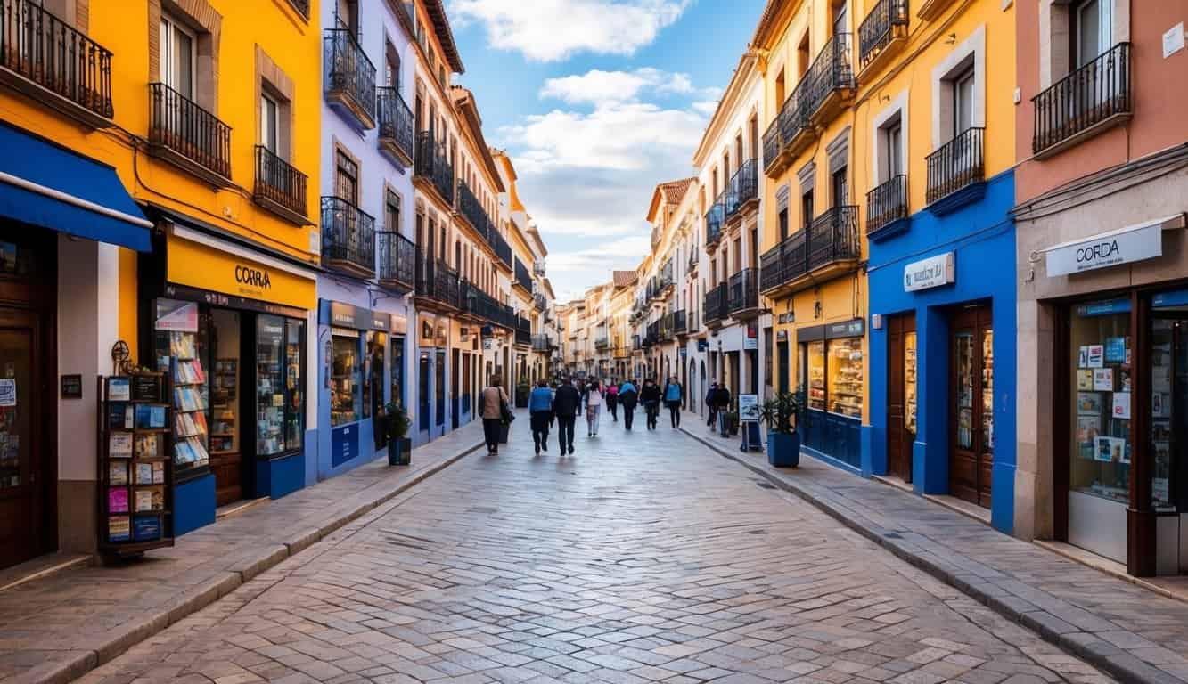 Una calle bulliciosa en Córdoba, España, con edificios y tiendas coloridos, que muestra la vibrante vida diaria y la disponibilidad de servicios convenientes.