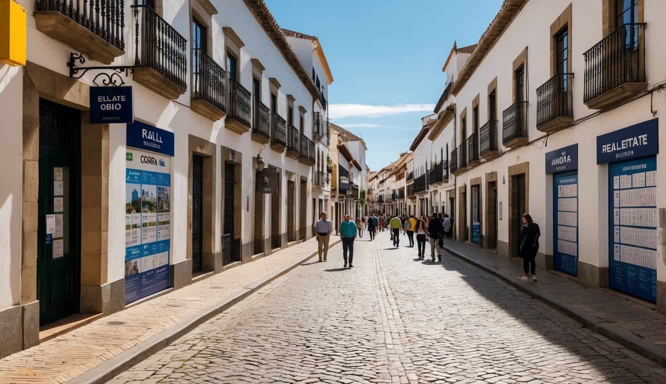 Una calle soleada en Córdoba, España, bordeada de edificios de estilo español tradicional, con un cartel de oficina inmobiliaria y personas mirando listados de propiedades.