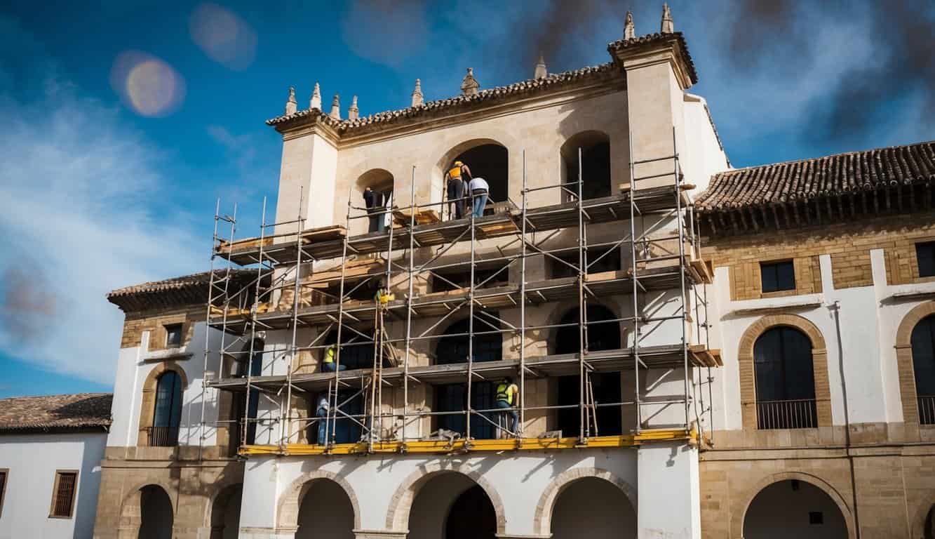 Un edificio histórico en Córdoba está siendo restaurado en su fachada, con trabajadores utilizando andamios y herramientas para renovar el exterior.