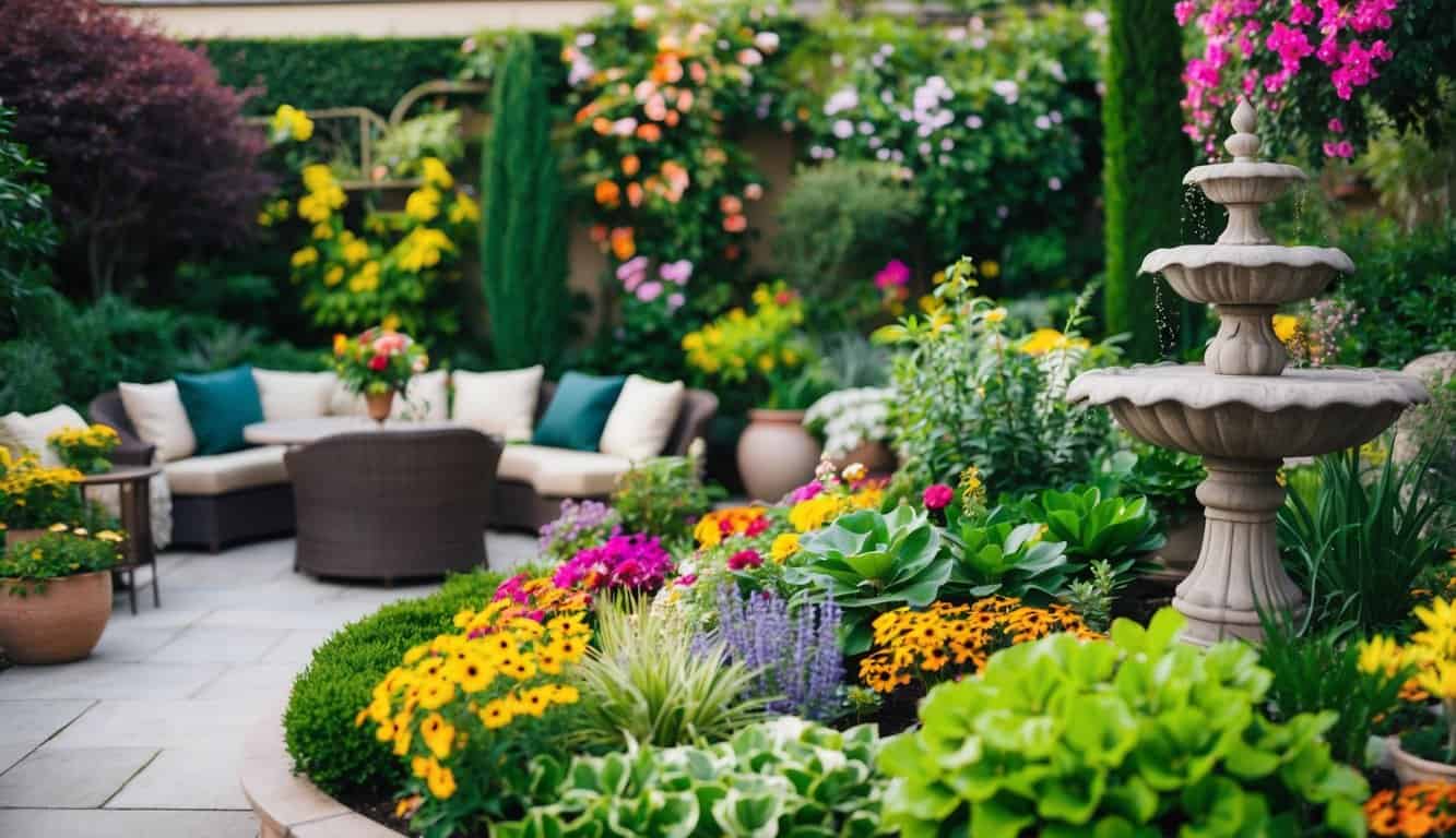 Un jardín exuberante con una colorida variedad de flores y plantas, rodeado de una acogedora terraza con asientos cómodos y una fuente decorativa.