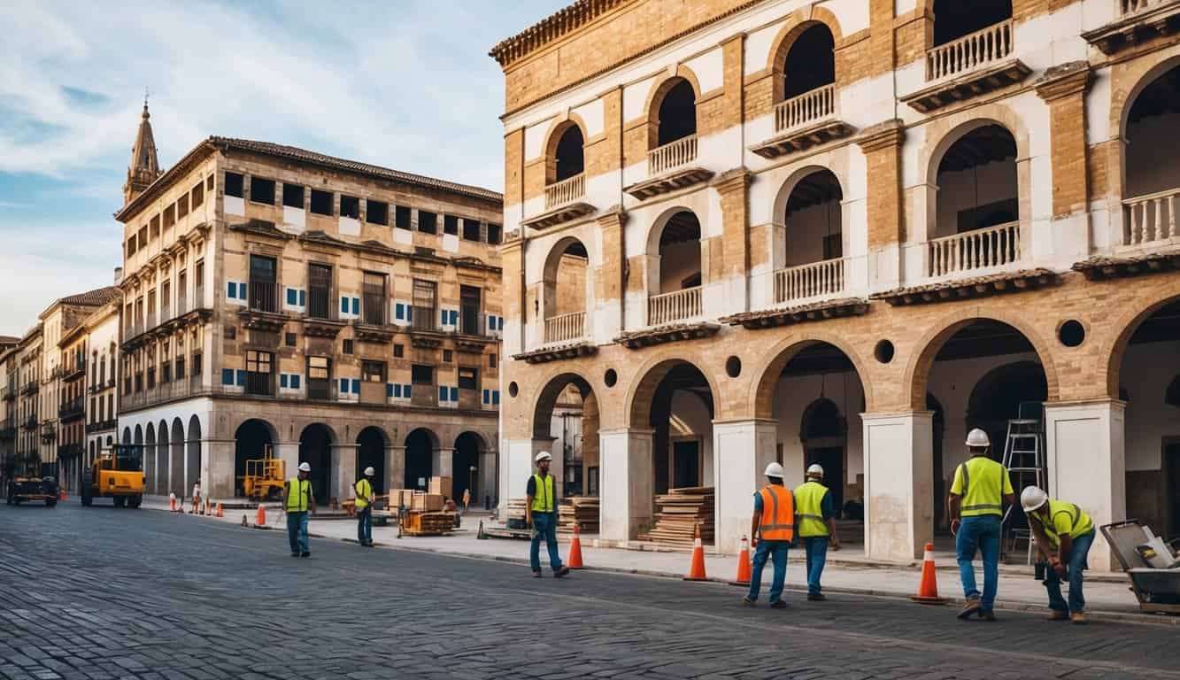 Una bulliciosa calle de la ciudad en Córdoba, con edificios históricos siendo renovados y restaurados. Trabajadores de la construcción y arquitectos colaboran en diseños innovadores.