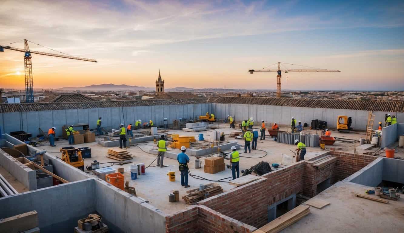 Un bullicioso sitio de construcción en Córdoba, con trabajadores renovando y restaurando espacios, rodeados de equipos y materiales.