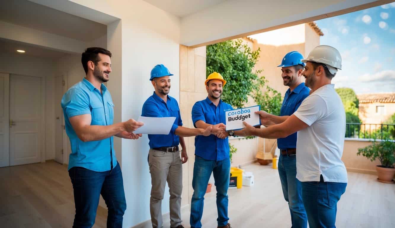 Un presupuesto claro entregado a un propietario feliz en Córdoba, mientras un equipo de trabajadores renueva y restaura su espacio.