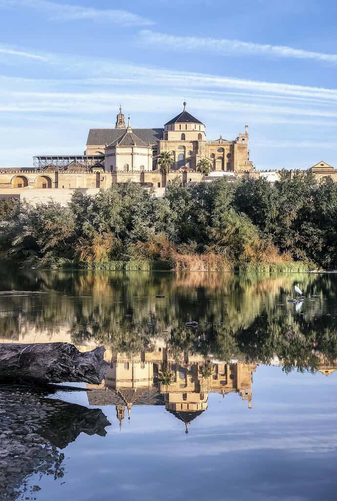 View of the Mosque-Cathedral from the Guadalquivir river in Cordoba, Spain