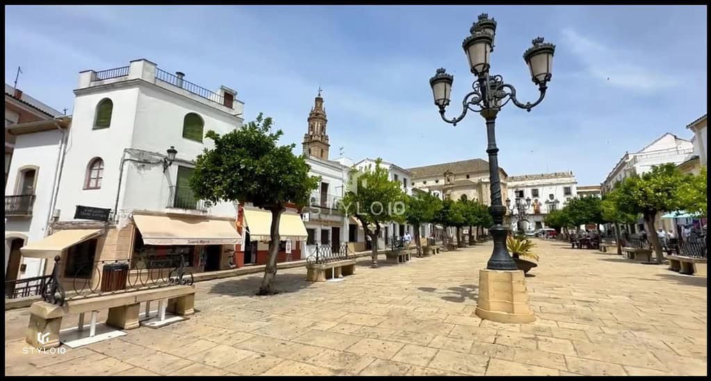 Plaza central del pueblo de Bujalance con una farola tradicional y árboles alineados a ambos lados. Edificios blancos de estilo clásico rodean la plaza, algunos con terrazas y toldos que cubren pequeñas tiendas y cafés. Al fondo, se observa una iglesia con una torre prominente, característica de la arquitectura histórica de la región. La plaza pavimentada y amplia invita a pasear y disfrutar del ambiente típico andaluz bajo un cielo despejado.