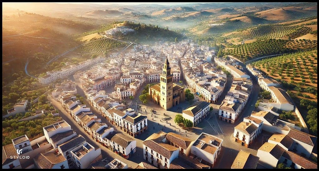 Vista aérea delpueblo de Bujalance rodeado de colinas y olivares, con una iglesia histórica en el centro de la plaza principal. Las casas blancas de arquitectura tradicional se agrupan en torno a la iglesia, formando calles curvadas y estrechas típicas de Andalucía. Paisaje rural iluminado por una cálida luz de atardecer, resaltando la belleza natural y cultural de la región.