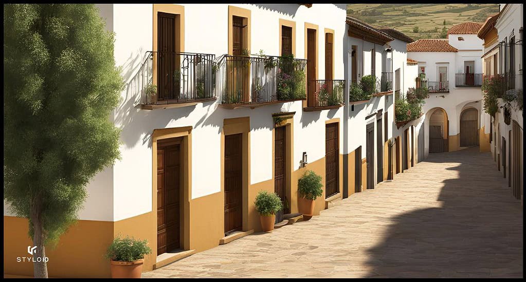 Calle tranquila y soleada de un pueblo andaluz con fachadas blancas y detalles en tonos ocre. Las casas tienen puertas de madera y balcones con rejas de hierro, decorados con macetas llenas de plantas. La calle empedrada refleja el estilo tradicional andaluz, rodeada de un ambiente sereno y acogedor, con árboles que añaden frescura al entorno. Al fondo, un arco conduce a otra sección del pueblo, mostrando la arquitectura típica del sur de España