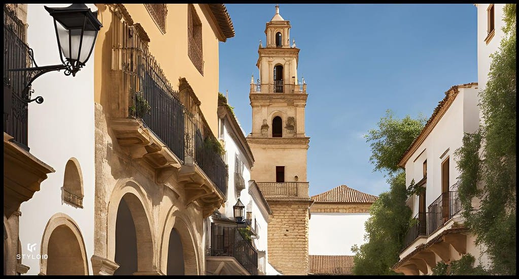 Calle de un pueblo andaluz con una iglesia de torre alta y detalles arquitectónicos históricos. Los edificios de la calle muestran balcones de hierro forjado y arcos de piedra, reflejando el estilo clásico andaluz. Una farola antigua adorna la fachada de una de las casas, mientras la vegetación enmarca el paisaje urbano. La iglesia destaca en el fondo contra un cielo despejado, simbolizando la herencia cultural y arquitectónica de la región.