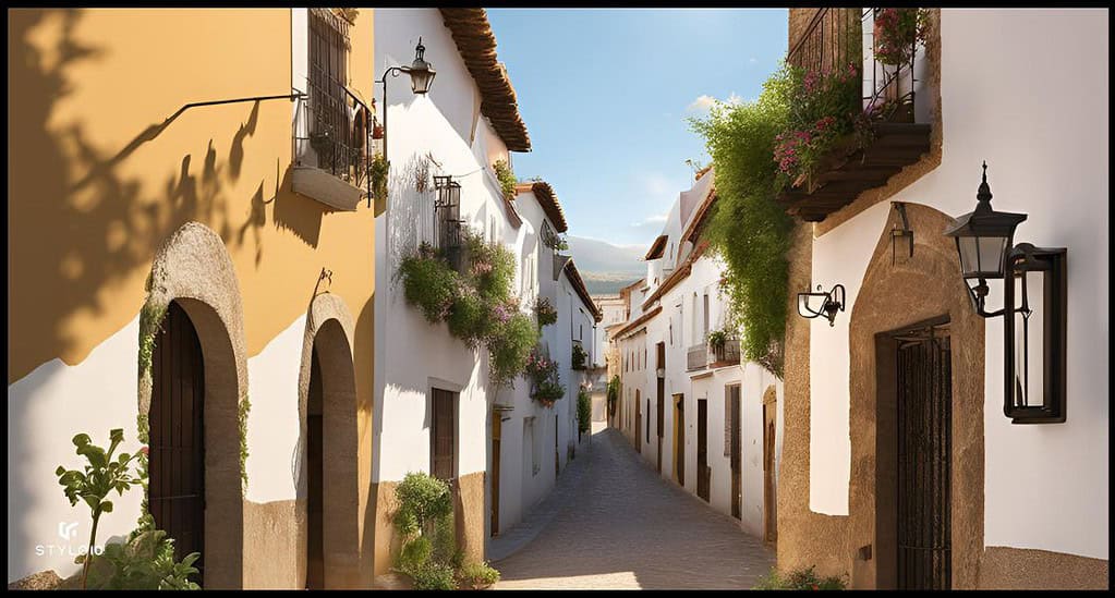 Calle estrecha y empedrada de un encantador pueblo andaluz con fachadas blancas y detalles en tonos cálidos. Las casas están adornadas con balcones y rejas, algunas cubiertas de plantas y flores que añaden un toque de color. Las farolas de estilo tradicional iluminan la calle, mientras el paisaje de fondo muestra colinas bajo un cielo despejado. La arquitectura y el ambiente reflejan la esencia tranquila y pintoresca de Andalucía.