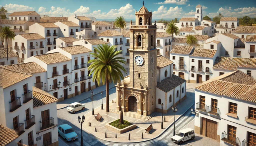 plaza típica andaluza con una iglesia de piedra que tiene una torre alta con un reloj en la parte superior. A la derecha de la torre, hay una palmera prominente, y el área está rodeada de casas encaladas con techos de tejas rojas. La plaza está pavimentada, con bancos, farolas y algunos coches estacionados cerca de la iglesia. El cielo es azul brillante con algunas nubes dispersas, reflejando un día soleado y tranquilo en un pequeño pueblo de Andalucía.